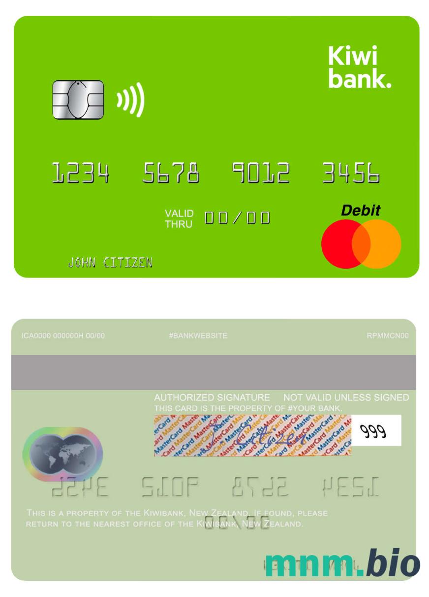 New Zealand Kiwibank przykład karty mastercard w formacie PSD